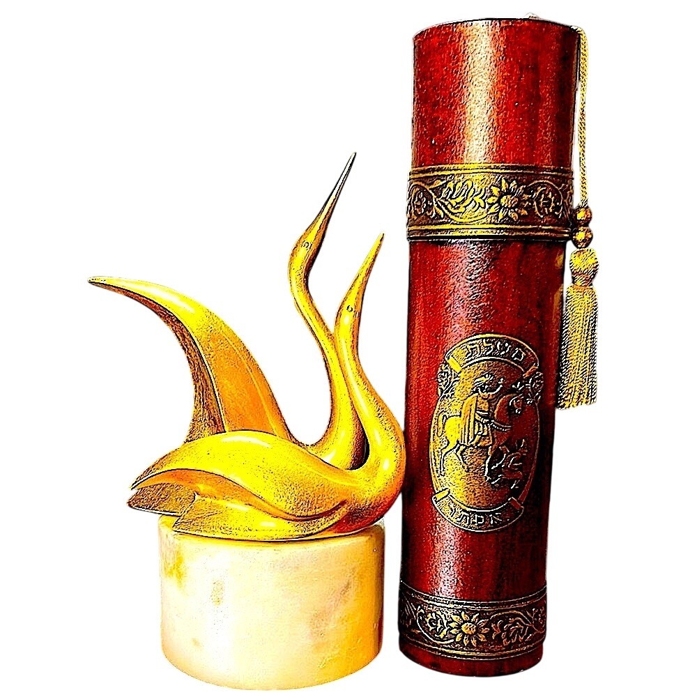 Ornate‎ Cylindrical Decorative Box – Faux Wood Finish, Brass Colored Seal